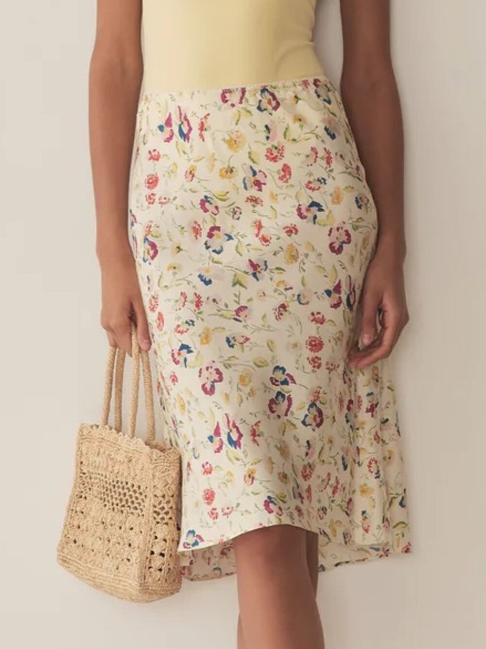 NWT Doen Elowette Silk Bias Slip Long Midi Skirt Windswept Blooms Cream Floral